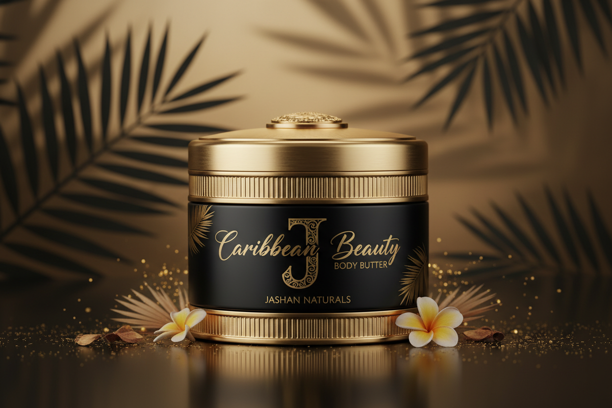 CARIBBEAN BEAUTY BODY BUTTER BY jASHAN nATURALS BLACK AND GOLD COLORS